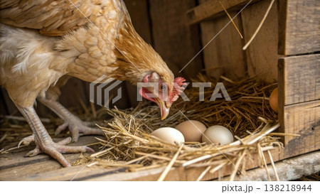 A Hen Caring for Her Freshly Laid Eggs in a Rustic Coop 138218944