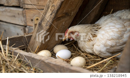 A Hen Caring for Her Freshly Laid Eggs in a Rustic Coop A Hen Caring for Her Freshly Laid Eggs in a Rustic Coop 138218945