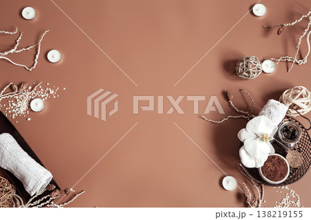 Spa composition with scrub and decorative details copy space. Spa composition with scrub and decorative details copy space. 138219155
