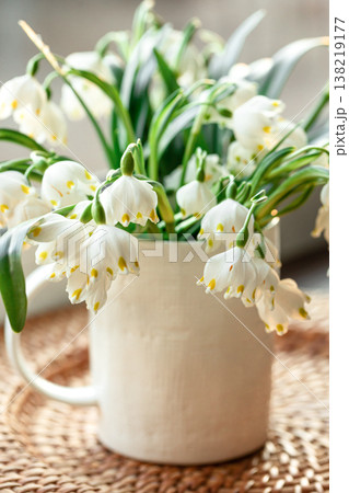Spring composition with snowdrops in a cup, close-up. Spring composition with snowdrops in a cup, close-up. 138219177