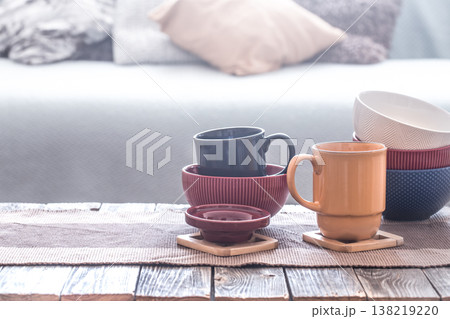 still life interior decor with home utensils on a wooden table still life interior decor with home utensils on a wooden table 138219220