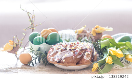 Still life with Easter cake and colored eggs Still life with Easter cake and colored eggs 138219242