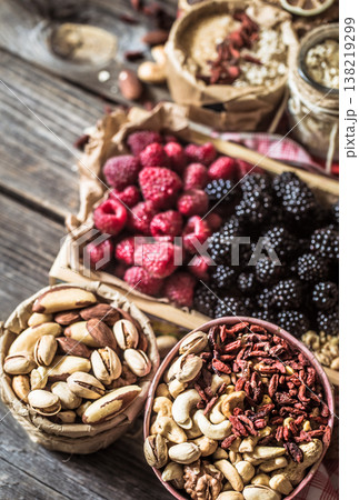 still life with raspberries and nuts 138219299