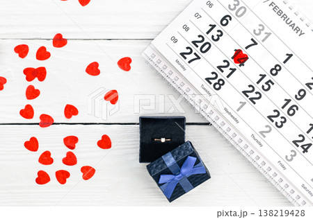 Valentine's Day background, date February 14 on calendar, flat lay, top view. 138219428