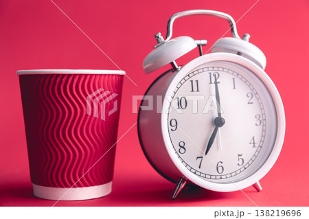 White stylish alarm clock and paper cup, morning concept. 138219696