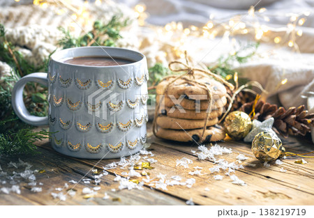 Winter composition with a cup of cocoa, cookies and decorative details. 138219719
