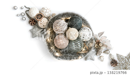 Winter composition with elements of christmas decor and christmas balls top view. 138219766