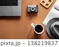Workplace, flat lay minimalist composition with laptop and coffee cup. 138219837