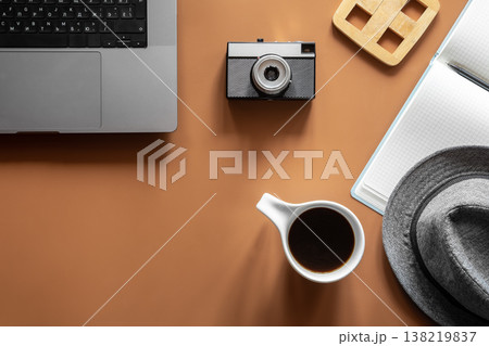 Workplace, flat lay minimalist composition with laptop and coffee cup. 138219837