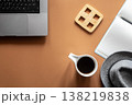 Workplace, flat lay minimalist composition with laptop and coffee cup. 138219838