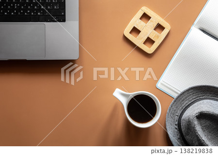 Workplace, flat lay minimalist composition with laptop and coffee cup. 138219838