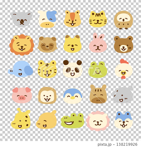 かわいい動物の顔アイコンセット　表情笑顔　主線なし 138219926