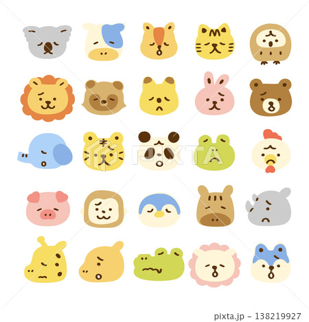かわいい動物の顔アイコンセット　表情悲しい、困った　主線なし 138219927