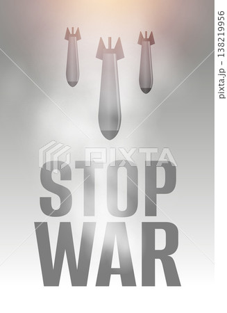 antiwar protest smoky poster with falling bombs and stop war text 138219956