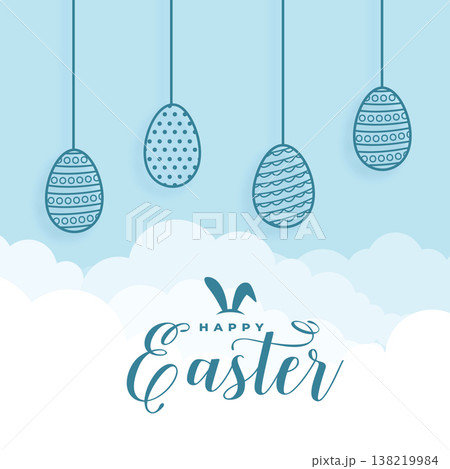 happy easter greeting background with hanging eggs and fluffy clouds happy easter greeting background with hanging eggs and fluffy clouds 138219984