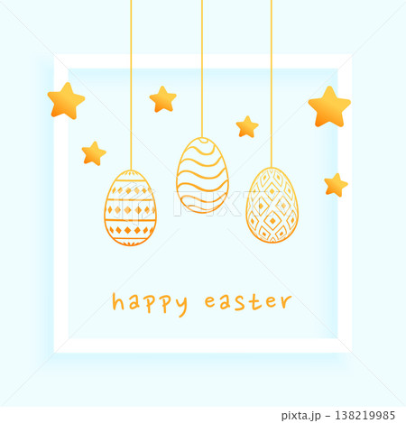 happy easter greeting card with hanging golden eggs and stars happy easter greeting card with hanging golden eggs and stars 138219985