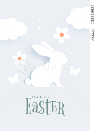 happy easter greeting card with white bunny and cloud in paper art happy easter greeting card with white bunny and cloud in paper art 138219986