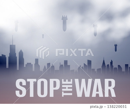 stop the war poster with skyline city silhouette and falling bombs 138220031