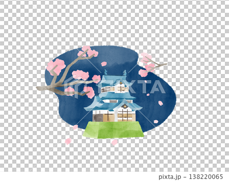 夜幕下的櫻花和城堡，花瓣隨風飄舞。水彩插畫。可愛、風格化、充滿春日氣息，帶有燈光效果，適合作為旅遊宣傳素材。 138220065