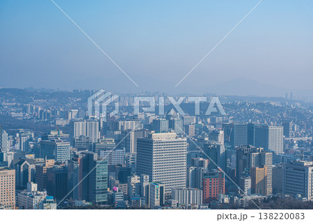 Seoul, South Korea : Feb. 18, 2026 : High angle view of Seoul city skyline with mountains under clear sky, South Korea. 138220083