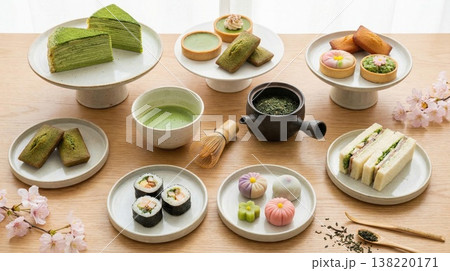 モダン精進の食用花巻き寿司と副菜を白い器に並べた真上からの料理写真 138220171