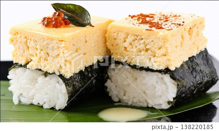 海苔で巻いたご飯の上に分厚い玉子焼きをのせたグルメおにぎりのクローズアップ 海苔で巻いたご飯の上に分厚い玉子焼きをのせたグルメおにぎりのクローズアップ 138220185