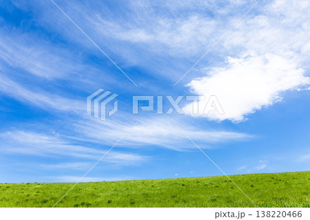 初夏の爽やかな青空と北海道美瑛町の草原が広がるシンプルな風景 初夏の爽やかな青空と北海道美瑛町の草原が広がるシンプルな風景 138220466