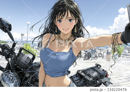 バイクと自撮りを楽しむ若い女性ライダーのイラスト 138220476