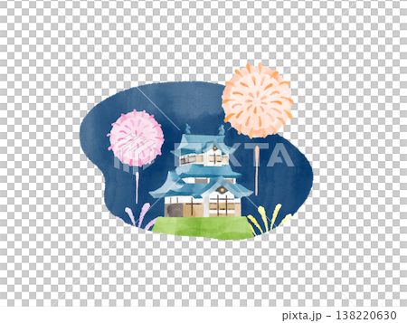 お城 花火 打ち上げ花火 水彩 イラスト かわいい デフォルメ 夏 夜空 観光 素材 138220630