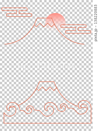 一套以日本傳統圖案為特色的現代日本裝飾設計:富士山、一年中的第一個日出和波浪圖案。 一套以日本傳統圖案為特色的現代日本裝飾設計:富士山、一年中的第一個日出和波浪圖案。 138220883