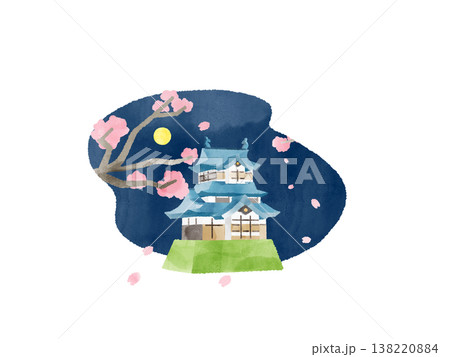 夜桜 お城 満月 舞う花びら 水彩 イラスト かわいい デフォルメ 春 ライトアップ 観光 夜桜 お城 満月 舞う花びら 水彩 イラスト かわいい デフォルメ 春 ライトアップ 観光 138220884