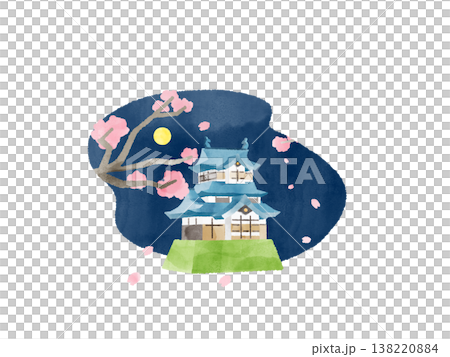 Cherry blossoms at night, castle, full moon, fluttering petals, watercolor illustration, cute, stylized, spring, light-up, sightseeing. 138220884