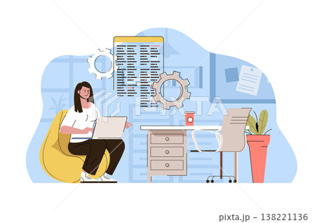 Creative workspace concept. Woman developer working on laptop in comfortable office situation. Coworking center people scene. Vector illustration with flat character design for website and mobile site 138221136