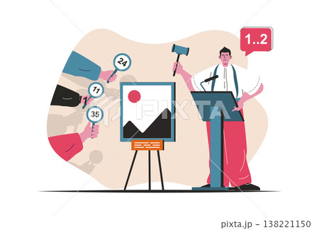 Auction concept isolated. Selling painting lots, bidding and investment in art. People scene in flat cartoon design. Vector illustration for blogging, website, mobile app, promotional materials. Auction concept isolated. Selling painting lots, bidding and investment in art. People scene in flat cartoon design. Vector illustration for blogging, website, mobile app, promotional materials. 138221150