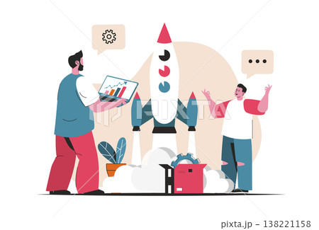 Business startup concept isolated. Launch of new project, creation and development. People scene in flat cartoon design. Vector illustration for blogging, website, mobile app, promotional materials. 138221158