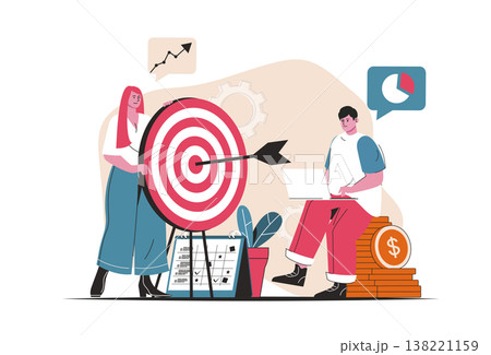 Business target concept isolated. Achieving goals, data analysis, audience focus. People scene in flat cartoon design. Vector illustration for blogging, website, mobile app, promotional materials. 138221159