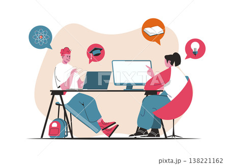 Distance learning concept isolated. Online education, video lectures and e-libraries. People scene in flat cartoon design. Vector illustration for blogging, website, mobile app, promotional materials. Distance learning concept isolated. Online education, video lectures and e-libraries. People scene in flat cartoon design. Vector illustration for blogging, website, mobile app, promotional materials. 138221162