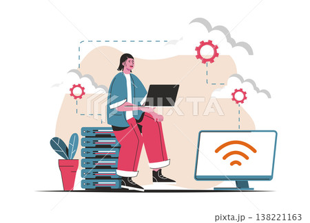 Cloud computing concept isolated. Wireless cloud technology, storage, connection. People scene in flat cartoon design. Vector illustration for blogging, website, mobile app, promotional materials. Cloud computing concept isolated. Wireless cloud technology, storage, connection. People scene in flat cartoon design. Vector illustration for blogging, website, mobile app, promotional materials. 138221163