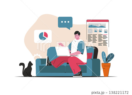 Freelance working concept isolated. Remote employee in project at home office. People scene in flat cartoon design. Vector illustration for blogging, website, mobile app, promotional materials. Freelance working concept isolated. Remote employee in project at home office. People scene in flat cartoon design. Vector illustration for blogging, website, mobile app, promotional materials. 138221172