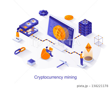 Cryptocurrency mining isometric web concept. People working at laptop or mining farm, earning digital currency. Blockchain technology scene. Vector illustration for website template in 3d design Cryptocurrency mining isometric web concept. People working at laptop or mining farm, earning digital currency. Blockchain technology scene. Vector illustration for website template in 3d design 138221178