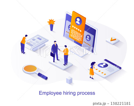 Employee hiring process isometric web concept. People look at resume, choose candidate for vacancy, conduct job interview. Human resources scene. Vector illustration for website template in 3d design Employee hiring process isometric web concept. People look at resume, choose candidate for vacancy, conduct job interview. Human resources scene. Vector illustration for website template in 3d design 138221181