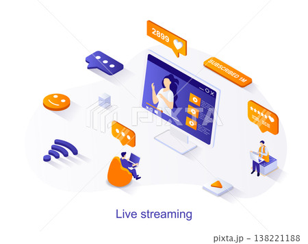 Live streaming isometric web concept. People watching blogger video stream, movie or news using laptops. Internet broadcast service scene. Vector illustration for website template in 3d design 138221188