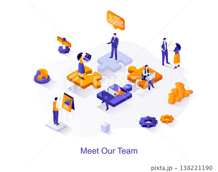 Meet our team isometric web concept. People working together, successful teamwork, branding and idea generation, business communication scene. Vector illustration for website template in 3d design Meet our team isometric web concept. People working together, successful teamwork, branding and idea generation, business communication scene. Vector illustration for website template in 3d design 138221190