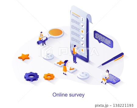 Online survey isometric web concept. People tick answers in opinion questionnaire. Online voting, digital checklist paper sheet for exam scene. Vector illustration for website template in 3d design Online survey isometric web concept. People tick answers in opinion questionnaire. Online voting, digital checklist paper sheet for exam scene. Vector illustration for website template in 3d design 138221193