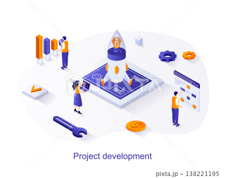 Project development isometric web concept. People launch startup, create and develop new business, successful strategy and analysis of data scene. Vector illustration for website template in 3d design 138221195