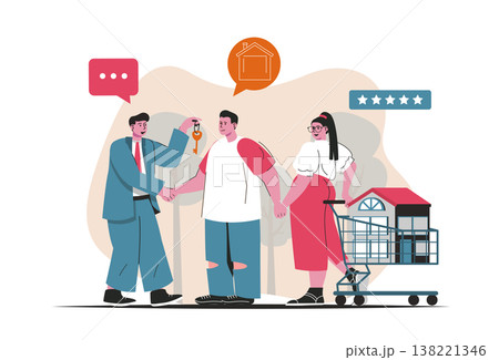 Mortgage concept isolated. Bank loan for purchase of house, realtor services. People scene in flat cartoon design. Vector illustration for blogging, website, mobile app, promotional materials. Mortgage concept isolated. Bank loan for purchase of house, realtor services. People scene in flat cartoon design. Vector illustration for blogging, website, mobile app, promotional materials. 138221346