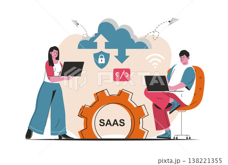 SAAS concept isolated. Candidate Users buy software licenses, use cloud technologies. People scene in flat cartoon design. Vector illustration for blogging, website, mobile app, promotional materials. 138221355