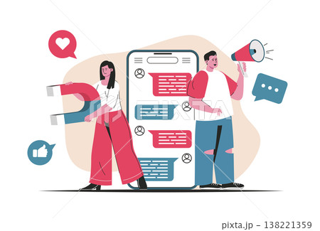 Social media marketing concept isolated. Attracting new customers, online promotion. People scene in flat cartoon design. Vector illustration for blogging, website, mobile app, promotional materials. Social media marketing concept isolated. Attracting new customers, online promotion. People scene in flat cartoon design. Vector illustration for blogging, website, mobile app, promotional materials. 138221359