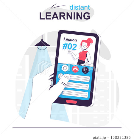 Distant learning isolated cartoon concept. Online lessons in mobile app, educational courses people scene in flat design. Vector illustration for blogging, website, mobile app, promotional materials. 138221386