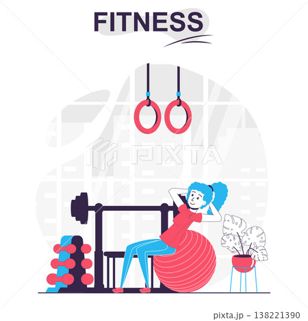 Fitness isolated cartoon concept. Woman exercising on ball and training in gym, sport workout people scene in flat design. Vector illustration for blogging, website, mobile app, promotional materials. 138221390